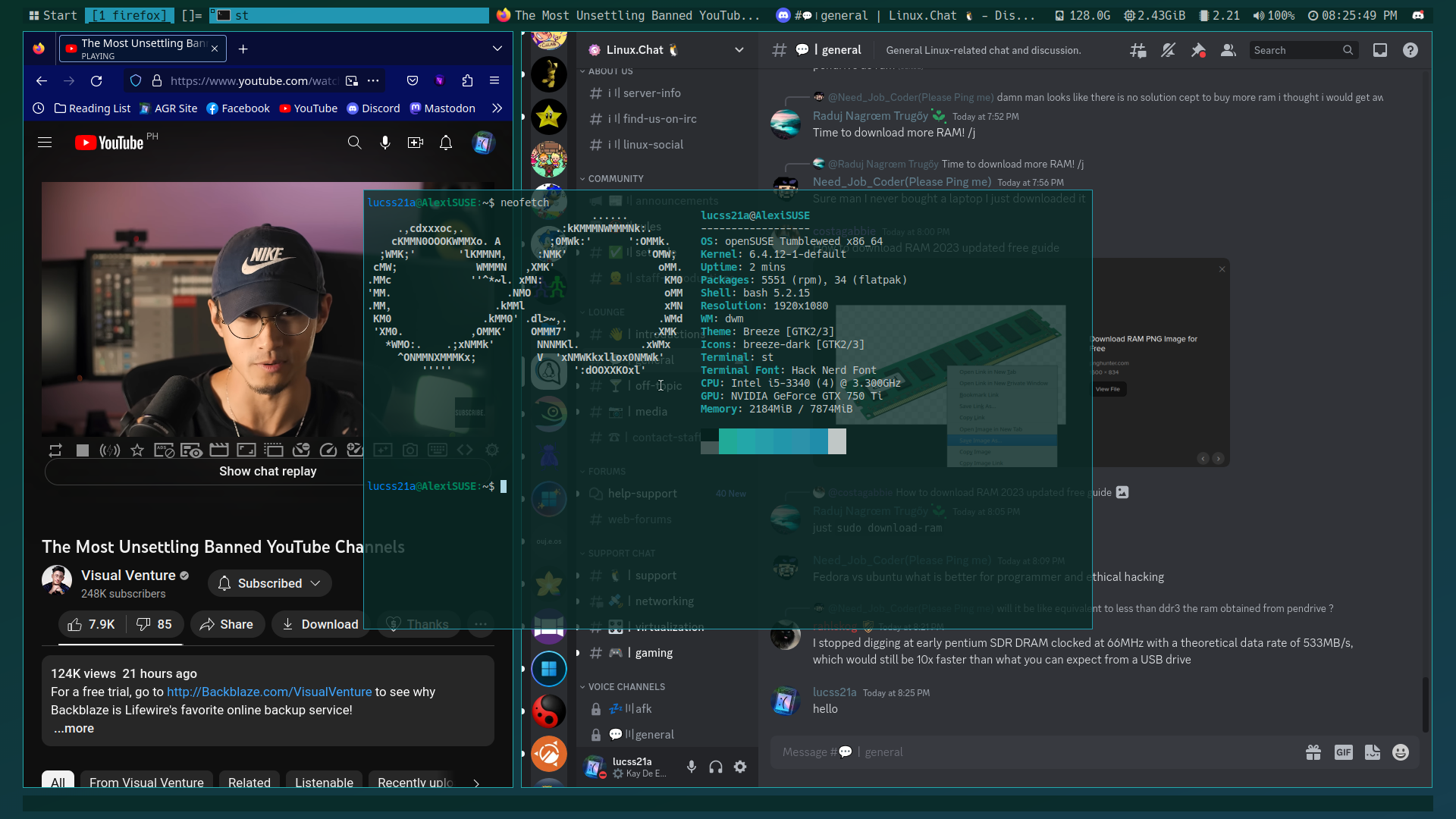 Screenshot of st (in a scratchpad), Discord and Firefox