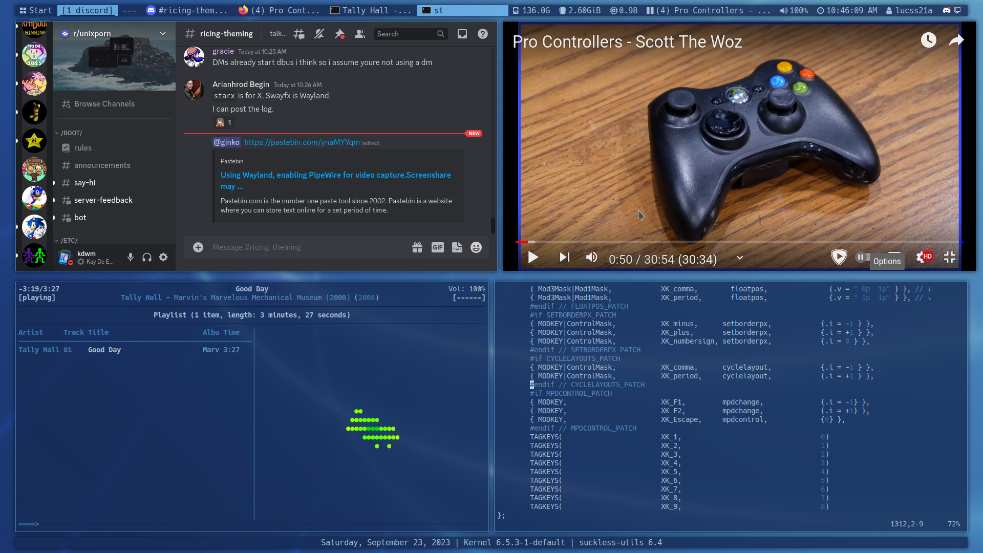 Screenshot of st (in a scratchpad), Discord and Firefox